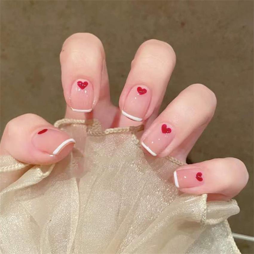24Pcs Red Sweetheart White Checkerboard Press On Nails Removable Fake Nail Tips Art Acrylic Manicure