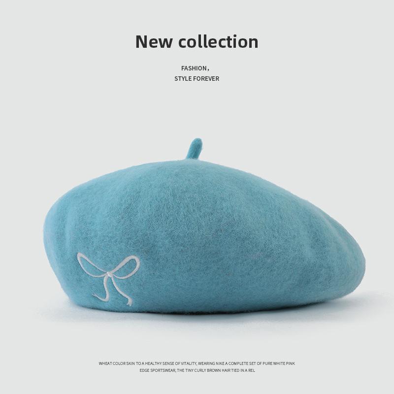 Autumn and Winter Korean Style Cute Bow Embroidered Woolen Beret Simple and Versatile Japanese Style Sweet Style Painter Hat