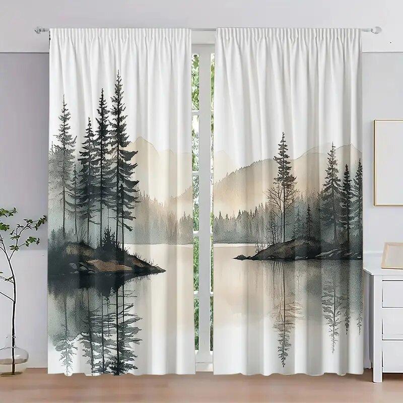 2 Stück - Vorhänge mit Aufdruck von Seelandschaftsmustern, Stangentaschenvorhänge, Heimdekoration, Raumdekoration