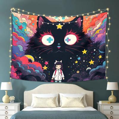 Black Cat and Girl Design Tapestry  Cosmic Sky Background Fantasy Animal Wall Hanging for Bedroom or Dorm Decor