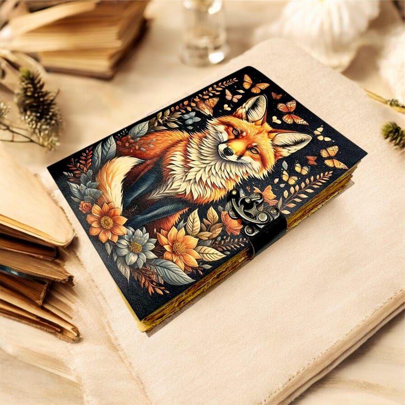 Handgefertigtes Fuchsleder-Tagebuch mit Vintage-Schloss | Wald-Tagebuch | Von der Natur inspiriertes Notizbuch