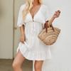 European & American Vacation Sun Protection Sheer Ruffle Bikini Cover-up Dress with Drawstring Waist.