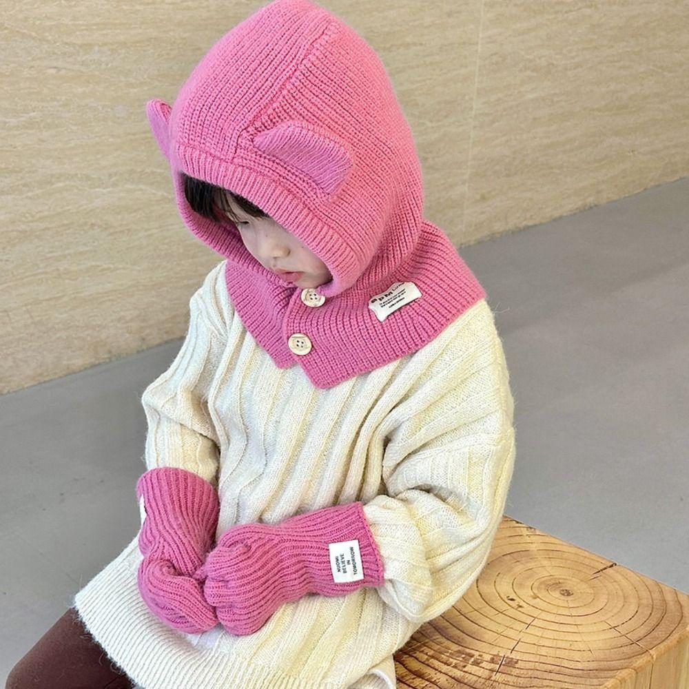 Boys Girls Bear Ear Knit Hats Soft Warm One Piece Scarf Cap Lovely Baby Hooded Hat  Toddler