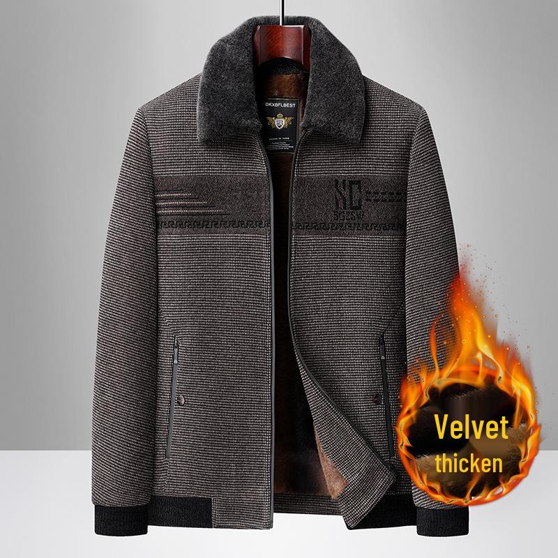 

Men s Plus Velvet Fur Collar Cotton Jacket - 2025 Autumn/Winter Business Casual Corduroy Coat for Middle-aged & Elderly 185 світлого кольору хакі