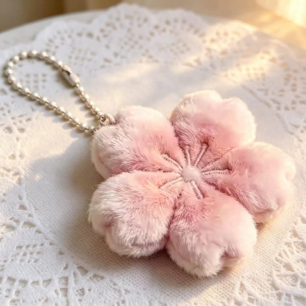 Fuzzy Plush Key Chain Soft Pearl Bead Chain Pendant Plush Flower Pendant Fluffy Sakura Key Chain For Backpack Decoration Mobile