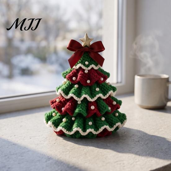 Decorative Yarn Tree for Bookshelves DIY Crochet Christmas Kit, Beginner-Friendly Xmas Craft Kit with Bow Wool Set And Faux Pearl Embellishment,
