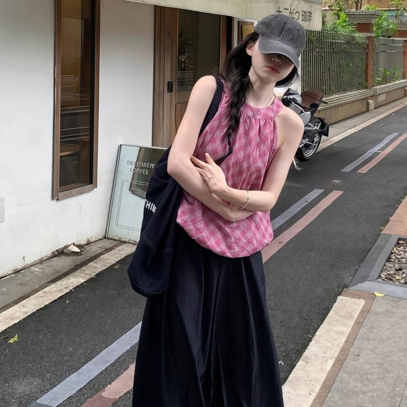 Retro Versatile Contrasting Color Plaid Sleeveless Vest for Women Summer New Sweet Loose Top