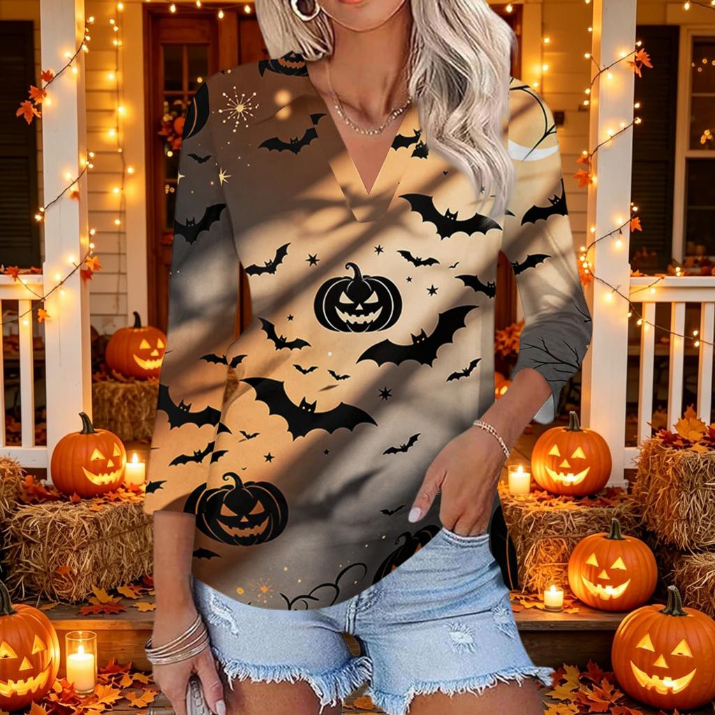 Women's Casual Halloween Themed Print V-Neck Three-Quarter Sleeve Top