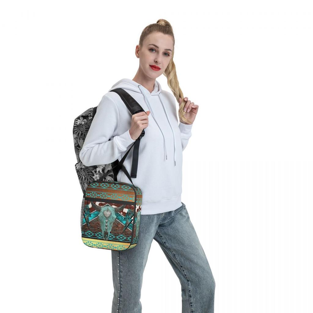 Tribal Bull Head Western Cowboy Insulated Lunch Bag for Women Cooler Thermal Food Box Tote Leakproof Lunch Boxes Container