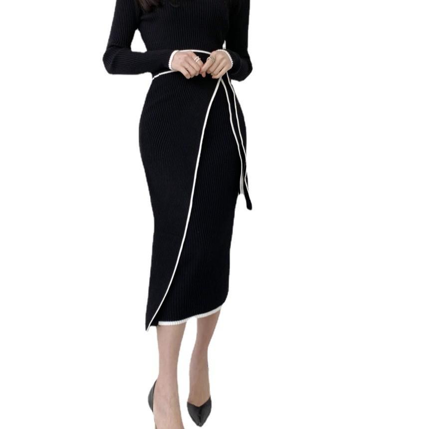 2026 Autumn/Winter Elegant Korean Style Half-High Collar Slim Fit Knit Sweater Dress with Lace-Up Waist for Women