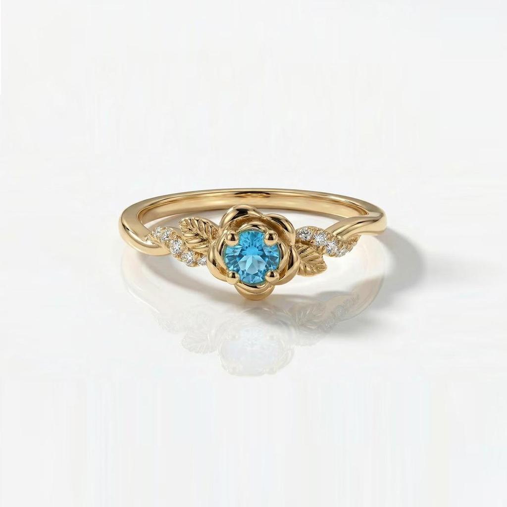Sterling Silver Rose Inlaid Aquamarine Zircon Ring - Elegant Women's European & American Style