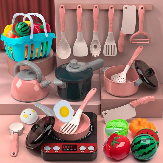 Spielhaus Spielzeug Induktionskochfeld Küchen-Spielset mit Realistischen Kochgeräuschen Kochgeschirr Besteck Lebensmittel-Set