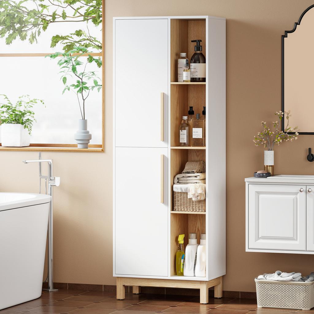 Bathroom Cabinet, 2 Doors, 4 Open Compartments, Adjustable Shelves, White and Natural
