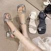 Summer Thick-Heeled Sandals Women'S Rhinestone Outer Wear Versatile Middle-Heeled Fairy Wind Word With Middle-Heeled Sandals