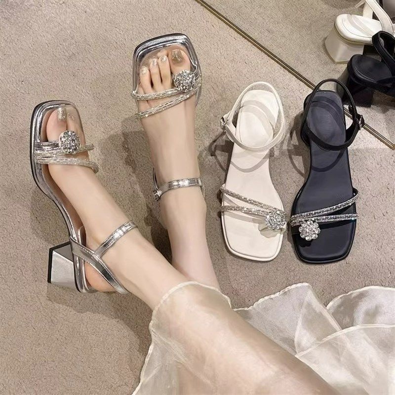 Summer Thick-Heeled Sandals Women'S Rhinestone Outer Wear Versatile Middle-Heeled Fairy Wind Word With Middle-Heeled Sandals