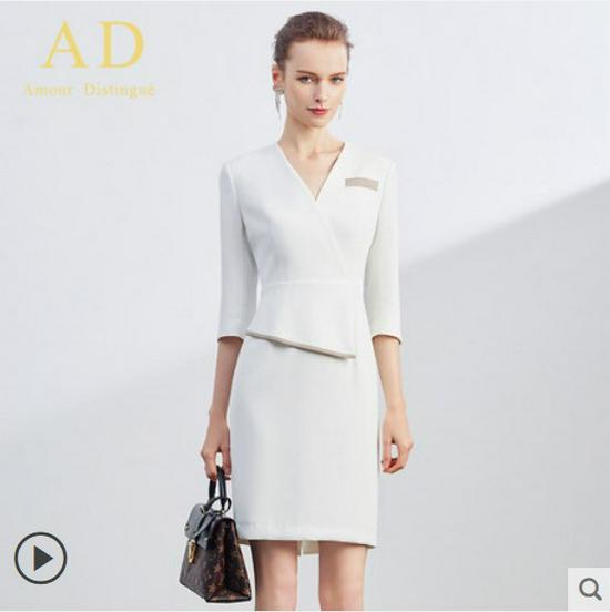 Formal Pleated V-Neck Slim Dress for Beauty Salon Receptionist