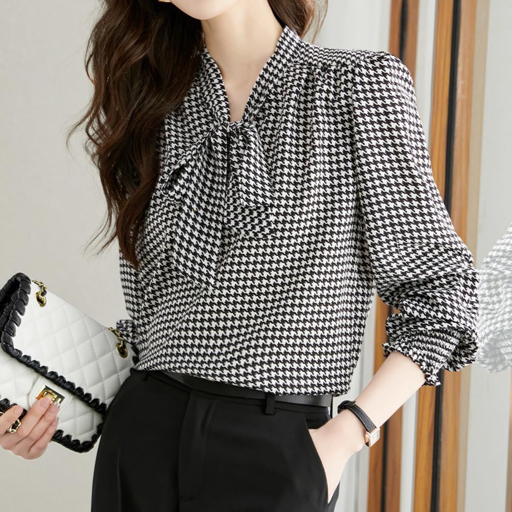 Bidason Hahnentritt Langarm mit und Elegant Ballonärmel Locker Perfekt für Alltag und Winter Damenbluse, Band, Stilvoll, Elegant, Niedlich, Ärmel,