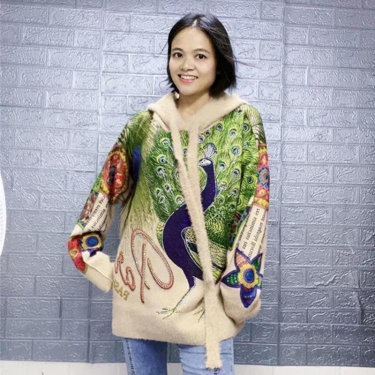 Women Autumn Winter Oversize Pullover Sweater Plus Size Pattern Printing Knitted Hat Loose Full Sleeve Sweaters