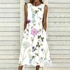 Women Plus Size Sleeveless Round Neck Dress Charming Floral Pattern Loose Mid Calf Gown