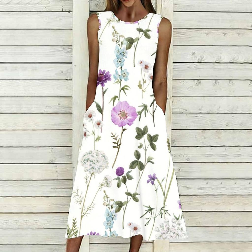 Women Plus Size Sleeveless Round Neck Dress Charming Floral Pattern Loose Mid Calf Gown