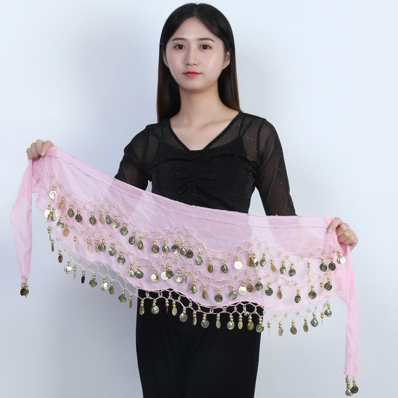 Available: Belly Dance Hip Scarf with 72/83/98/128 Coin Waist Chain - Gold, Three-Layer Design, Indian Style Waist Scarf.