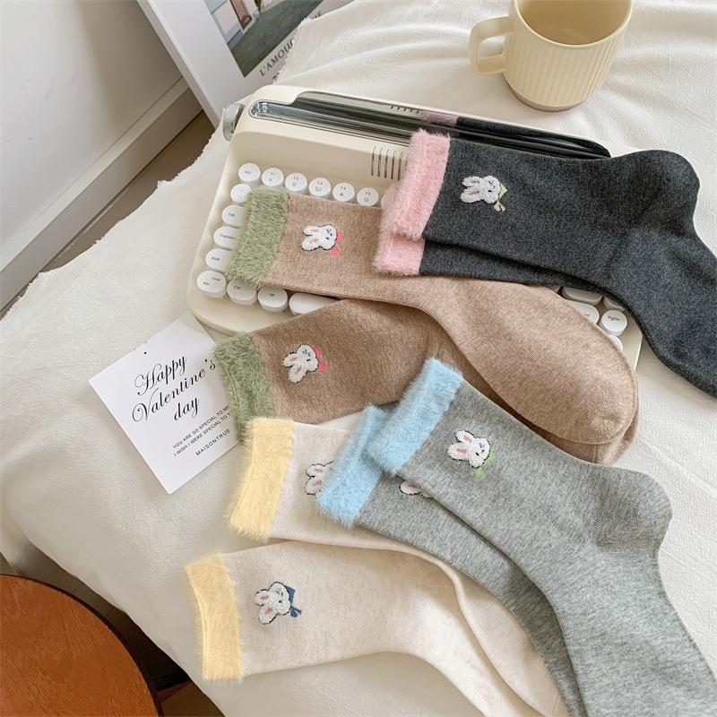 Rabbit Flocked Socks for Women, Sweet and Cartoonish, Cute Mid-calf Socks, Pure Cotton Pile Socks