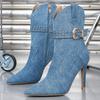 Fashion Blue Denim Pointed Toe Women's High-heeled Ankle Boots Fashion Metal Rivet Buckle Designer Shoes Sexy Side-zip Botas Para Mujer