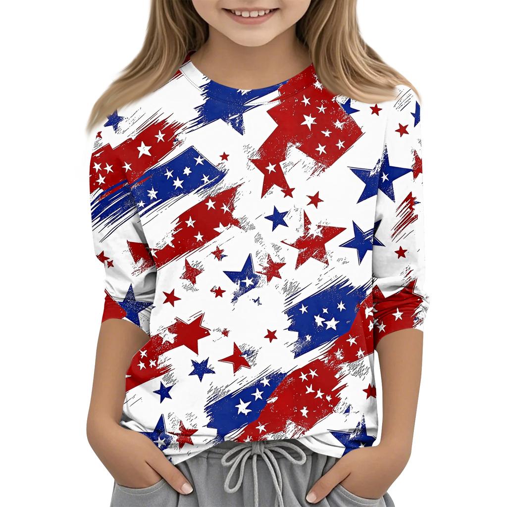 Kinder 3/4 Ärmel Tops Casual Print T Shirt Rundhals Pullover Bluse