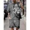 Funny 3D Cat Print Men's Sets Summer Casual O-neck Short Sleeve Tops Shorts 2 Piece Fashion Lion Pattern Suit T-Shirts Outfit