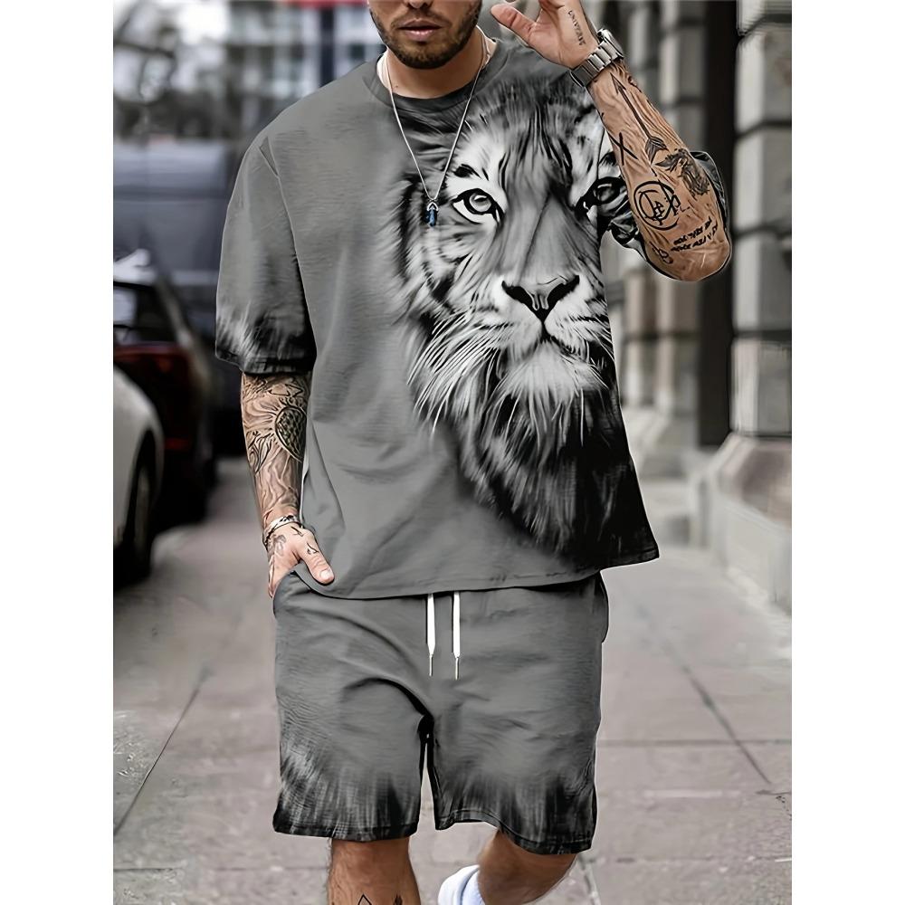 Funny 3D Cat Print Men's Sets Summer Casual O-neck Short Sleeve Tops Shorts 2 Piece Fashion Lion Pattern Suit T-Shirts Outfit
