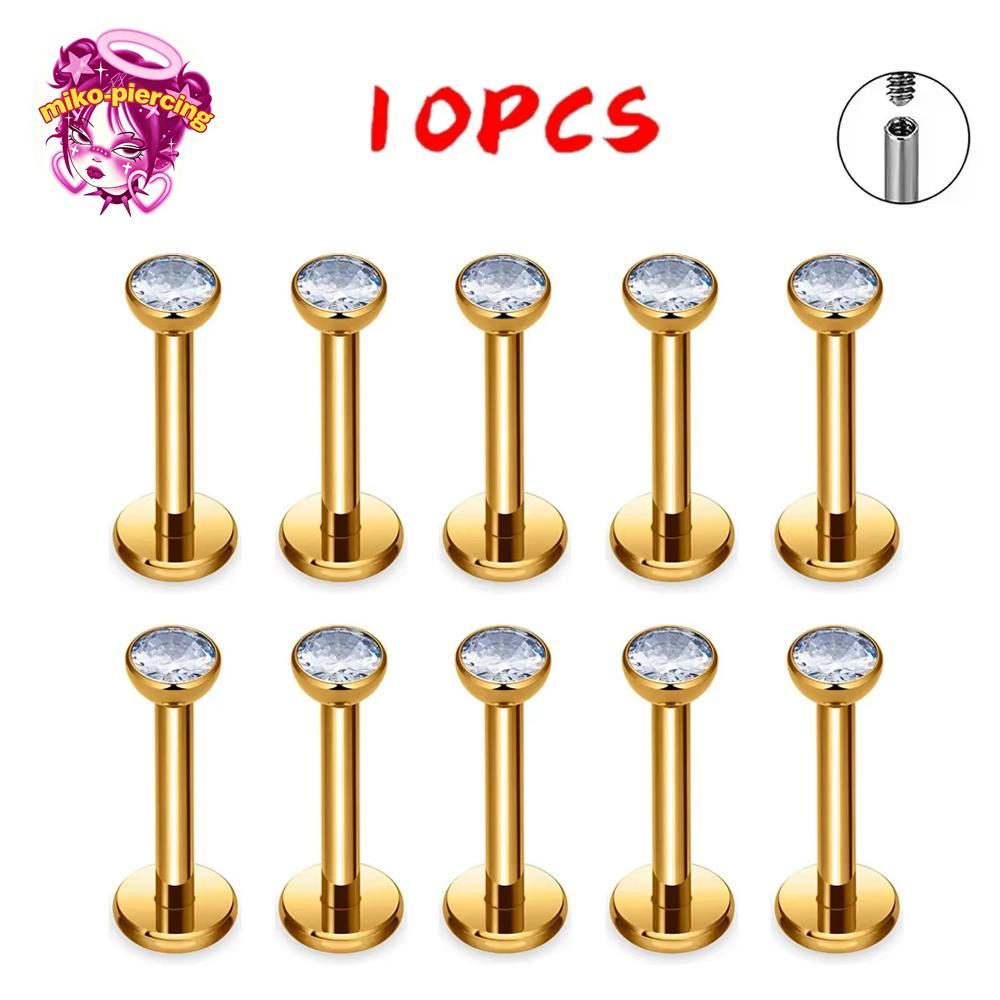 10PCS F136 Ttianium Piercing Labret Lip Stud Ring CZ 16G Internal Thread Stud Earring Ear Tragus Cartilage Helix Daith Jewelry