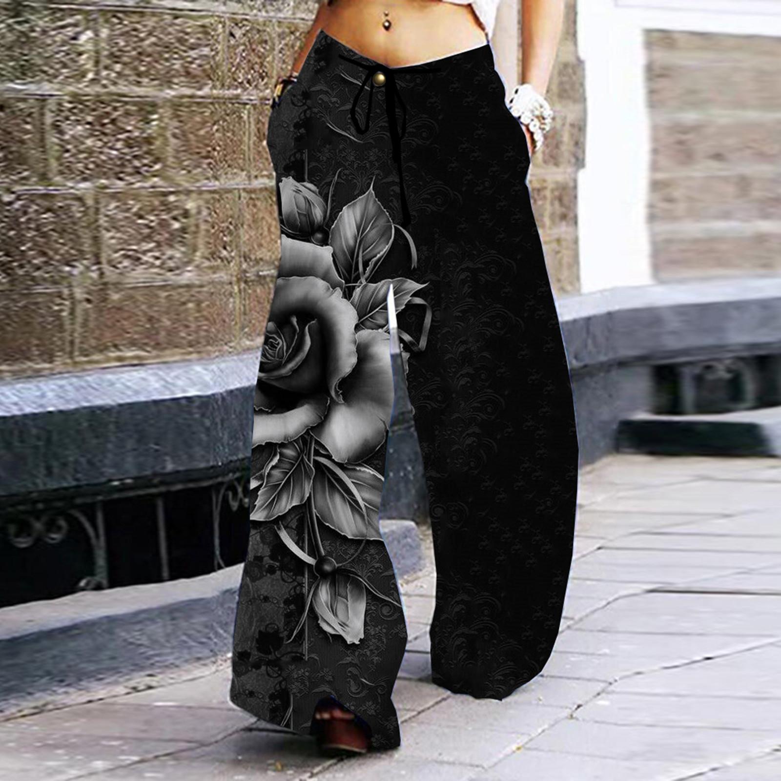 

Women s Fashion Retro Casual Loose Drawstring Wide Leg Printed Sweatpants With Pockets XXL чёрный