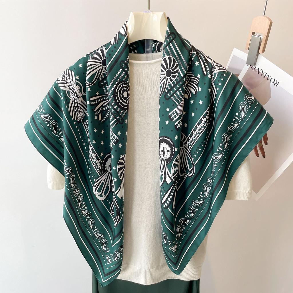 Headscarf Printed Twill Silk Large Square Scarf Small Fragrant Silk Scarf Women'S Anti-Sun Scarf Decorative Scarf Shawl 90Cm
