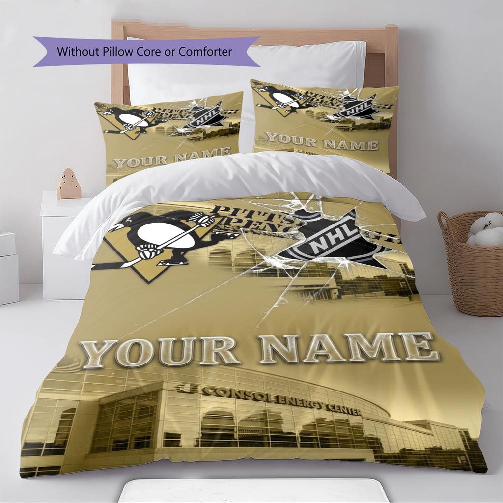 Name Custom Pittsburgh Penguins Pattern Bedding Set Quilt Cover Pillowcase Home Decor Gift (1 * duvet cover + 2 * pillowcase, without core)