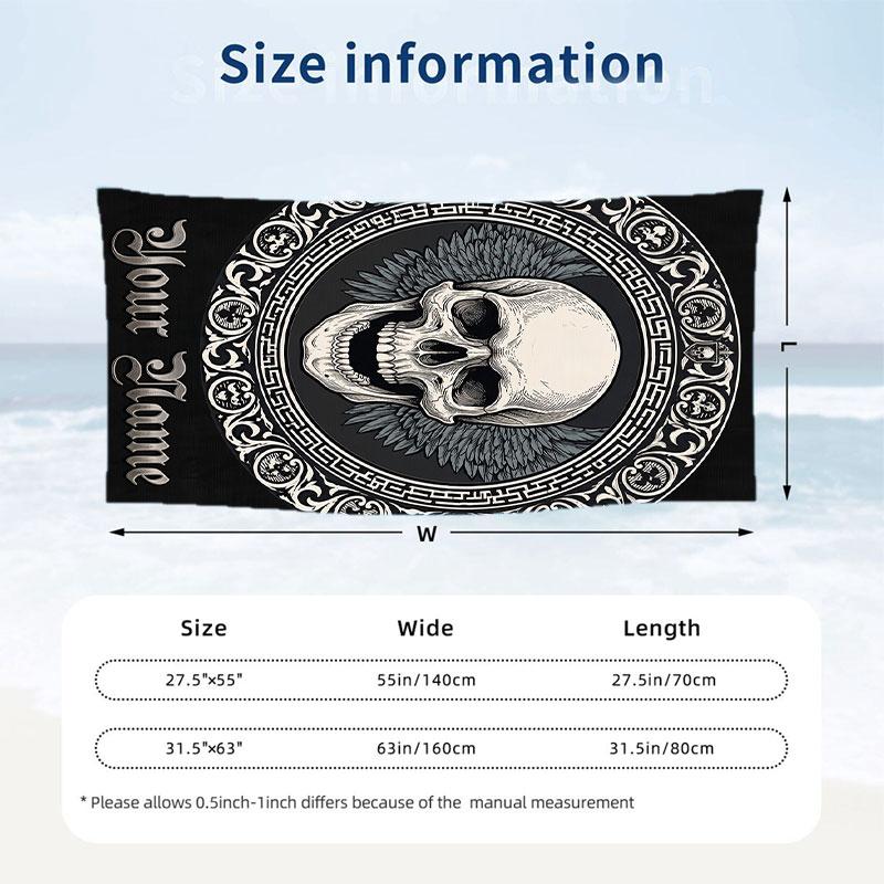 Skull Floral Fantasy Theme Quick Dry Beach Towel Custom Name Text Print Large Sand Resistant Towel Beach Vacation