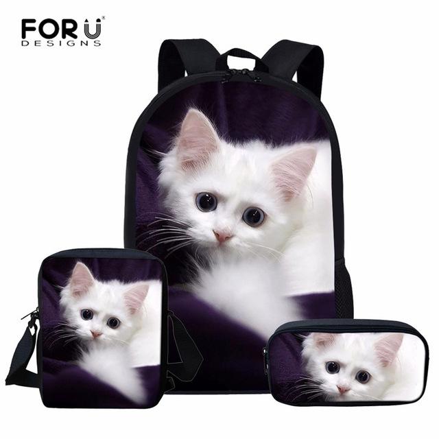 Klassiek Populair Schattig Kattenpatroon 3D Print 3 stuks/Set leerling Schooltassen Laptop Dagrugzak Rugzak Diagonale schoudertas Etui