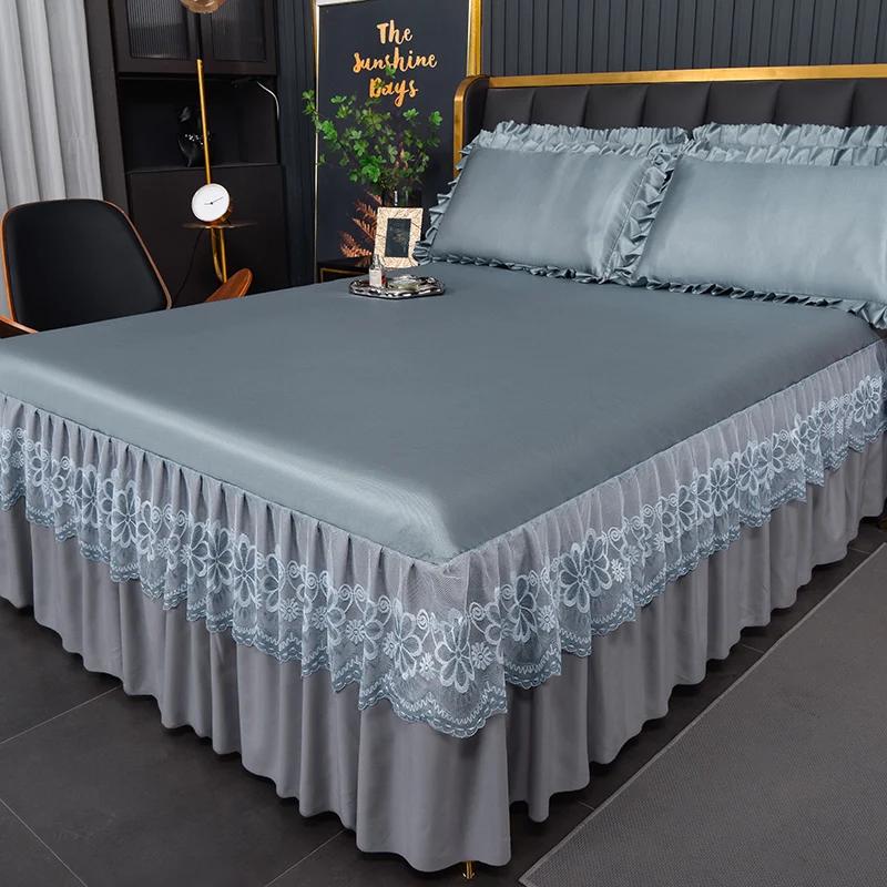 Korean Version Lace Solid Color Bed Skirt Three Piece Set, Skin Friendly Double-layer Bed Cover, Non Slip Bed Cover