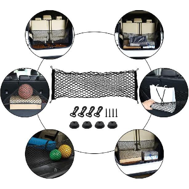 Car Rear Cargo Net, Universal Adjustable Elastic Trunk Cargo Storage Organizer Net Compatible For SUV, Jeep, Truck, Storage Nylon Mesh Double-Layer
