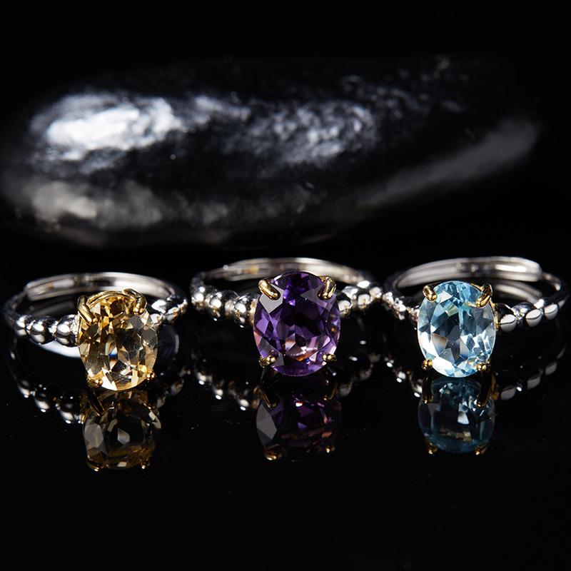 S925 Sterling Silver Natural Citrine Amethyst Topaz Color Treasure Ring Women'S Earrings Jewelry