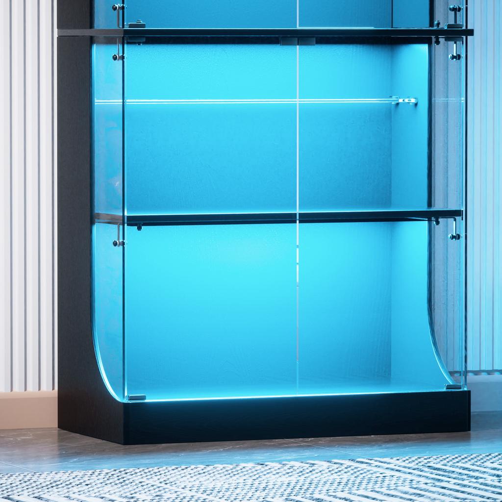 Four-tier Glass Display Cabinet, Storage, LED Lighting, Glass Doors, Smart Sensors, Dustproof, for Living Room, Bedroom, Offices. Black. 80*35*165cm