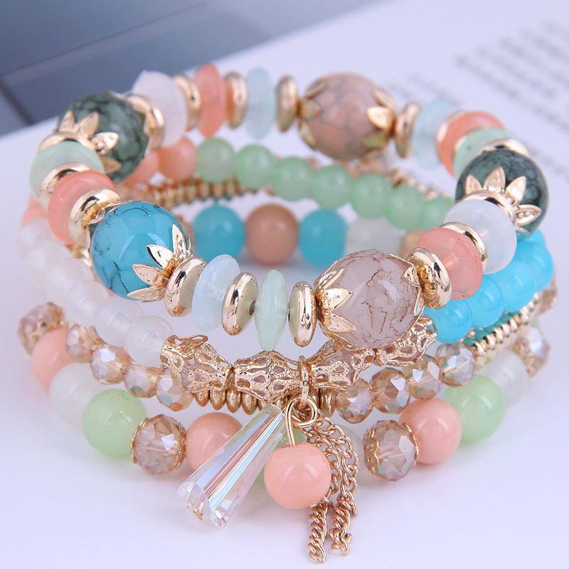 DIEZI Korean Trendy Multicolor Green Crystal Beads Rope Bracelets Women Girls Elastic Tassel Wrap Bracelet Pulseira Feminina
