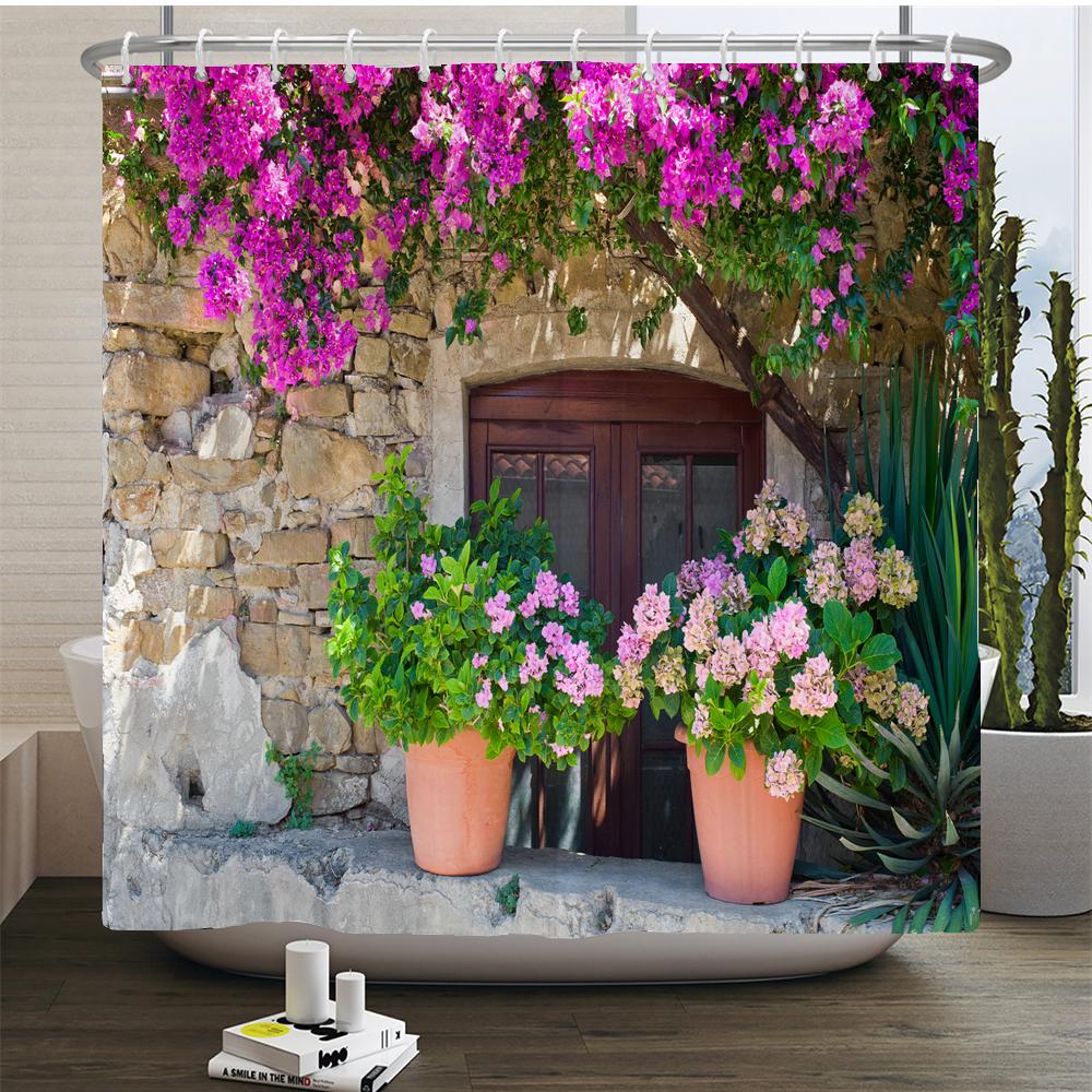 Flowers Scenery Waterproof Shower Curtains Rural Street Flowers Bathroom Curtains Polyester Fabric Washable Decor Bath Curtains