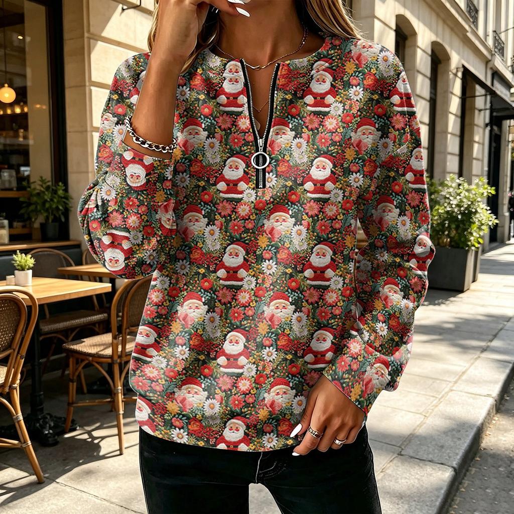 Women's V-Neck Half Zip Long Sleeve Pullover with Small Heart Print, Zipper Pull and Cuffed Sleeves