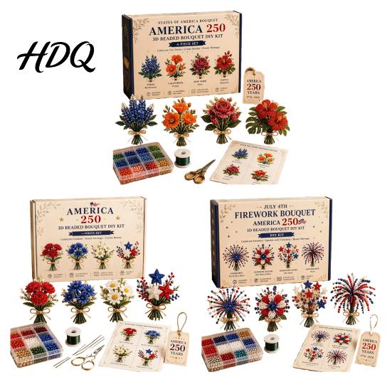 Small 3D Floral Arrangement America 250 Beaded Bouquet DIY Kit 4th of July Patriotic Flower Craft Fantasy Art Kit Handmade Set 1776-2026 Independence
