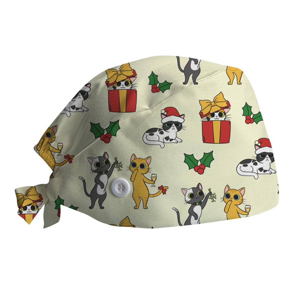 Adjustable Scrub Cap with Button for Mask Loop Christmas Dinosaur Pattern Medical Nurse Hat Surgical Hat for Healthcare Professionals