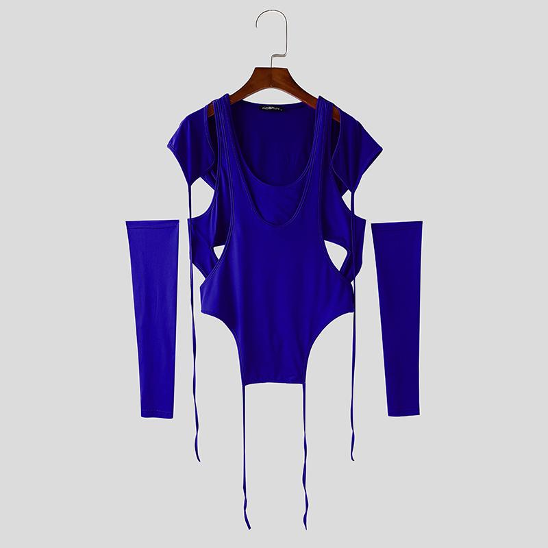 

INCERUN Men Summer Sleeveless Oversleeve Cutout Irregular Bandage Back Front Cross Hooded Tank Tops XL