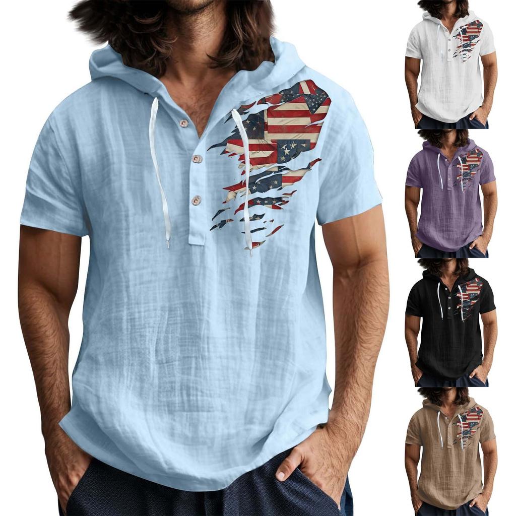 Men'S Casual Short Sleeved Hooded Top Buttoned Open Neck T-Shirt
