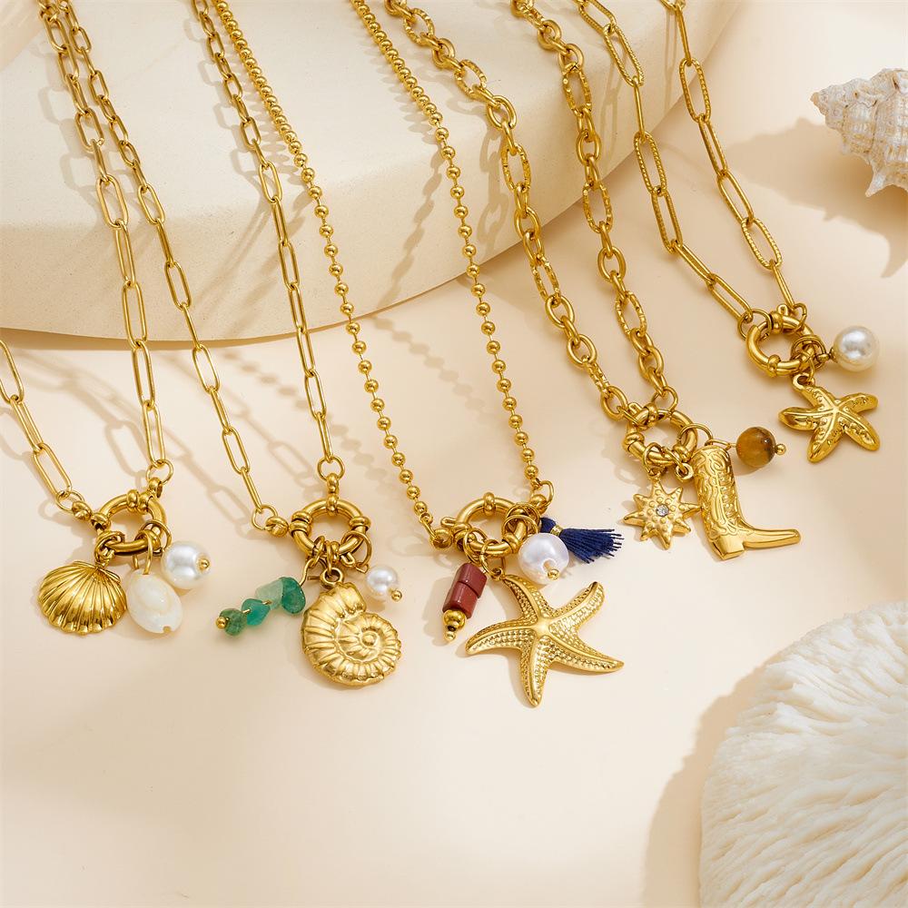 Fashion Ocean Pendant Necklace Gold Starfish Shell Drop Oil Butterfly Multi Element Accessory