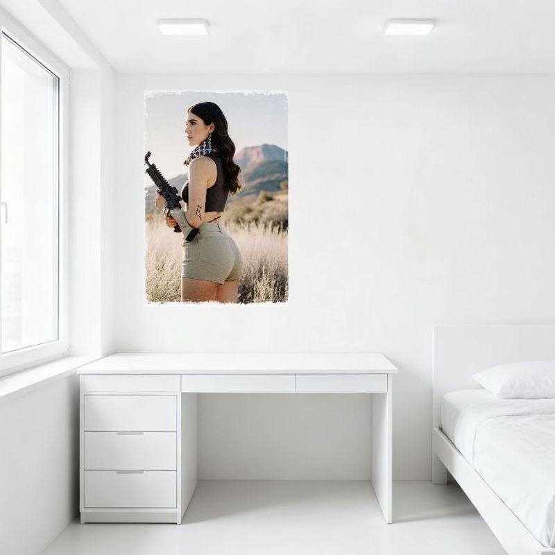 Sexy Woman Long Wavy Hair Dark Gray Crop Top High-Waisted Beige Shorts Black Rifle Tin Sign Vintage Metal Poster for Bar Pub Hom