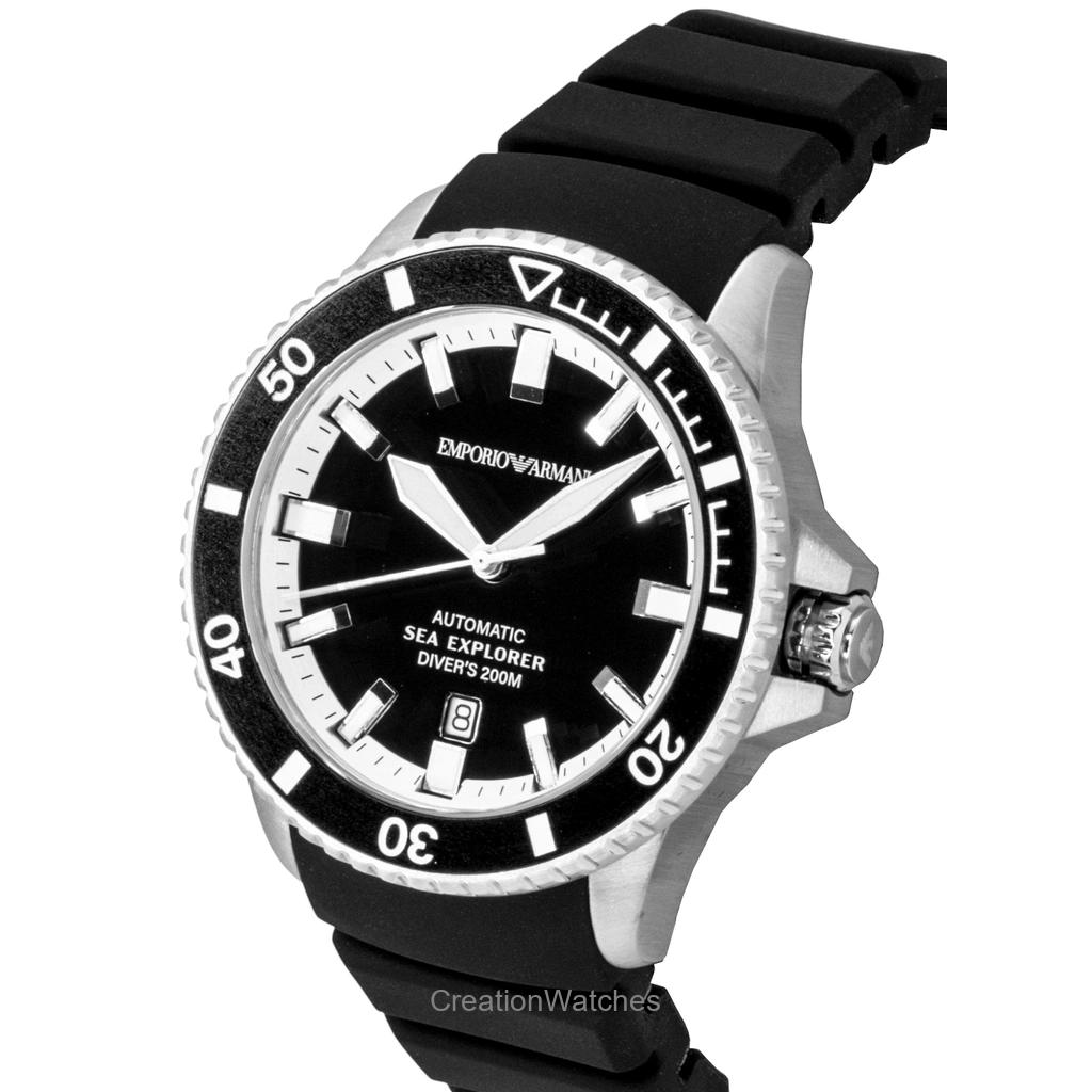 Emporio Armani Sea Explorer Silikonový řemínek Černý ciferník Potápěčské Automatické AR60086 200M Pánské hodinky